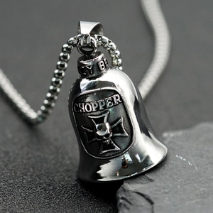 Vintage silver eagle bell pendant necklace with skull engraving for men