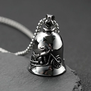 Vintage motorcycle bell pendant in polished stainless steel with a beaded metal chain