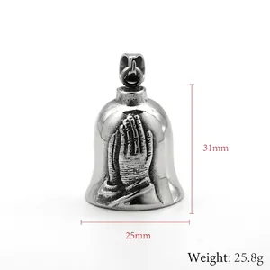 Vintage stainless steel biker guardian bell pendant with praying hands relief detail