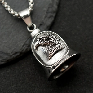 Retro punk eagle bell pendant necklace in polished stainless steel with round link chain