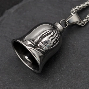 Vintage stainless steel guardian bell pendant with praying hands and cross on stone