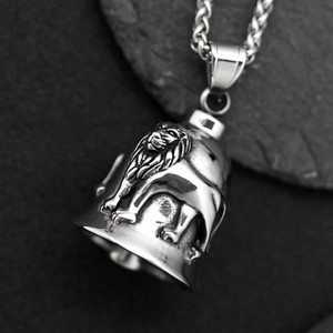 Collier pendentif cloche lion vintage en acier inoxydable poli pour motards