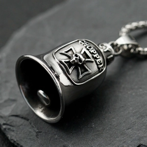 Vintage stainless steel biker bell necklace featuring a skull cross and Chopper engraving