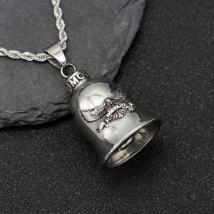 Polished silver biker lucky bell pendant featuring an eagle and MOTO engraving with rope chain