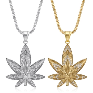 Hip Hop Titanium Steel Jamaica Maple Leaf Pendant Necklace Gold Silver Rhinestone Cannabis Leaf Jewelry For Men Women