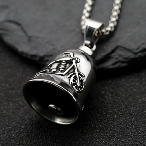 Retro stainless steel guardian bell pendant with embossed motorcycle on a black stone