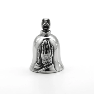 Vintage steel biker bell pendant featuring a detailed prayer hands relief design