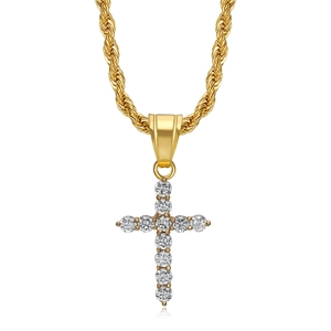 Chaîne corde hip hop dorée en acier inoxydable avec pendentif croix serti de zircons