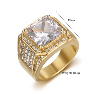 Detailed view of 17mm gold stainless steel ring with square zircon and side stones