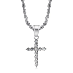 Pendentif croix hip hop argenté avec zircons AAA et chaîne corde pour hommes