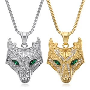 Collier Pendentif Tête de Loup Viking Hip Hop en Acier Inoxydable Strass Plaqué Or Bijoux Animaux Celtiques Homme Femme