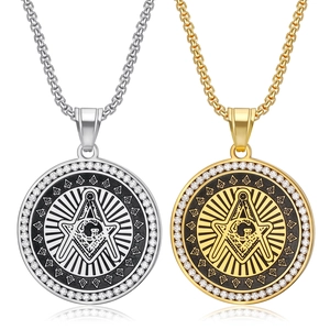 Collier Pendentif Maçonnique en Acier Titane Hip Hop pour Hommes Femmes Or Argent Strass Équerre Compas Symbole G Médaillon Rond