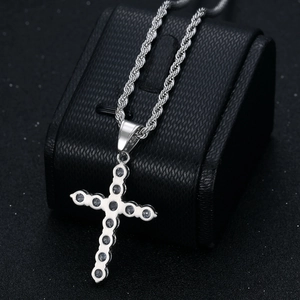 Pendentif croix en acier avec zircons AAA et chaîne corde style hip hop pour hommes et femmes
