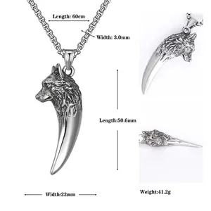 Retro wolf head pendant necklace in stainless steel with square pearl chain