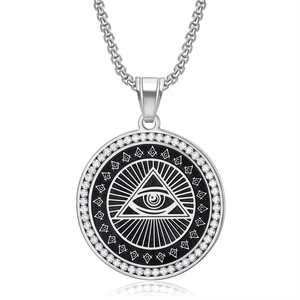 Collier Œil de la Providence en acier titane avec zircons et symboles maçonniques