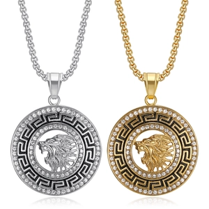 Collier Pendentif Tête de Lion en Acier Inoxydable Hip Hop Avec Motif Méandre en Strass Bijoux Plaqué Or Argent pour Hommes