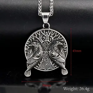 Collier pendentif corbeau viking nordique vintage en acier inoxydable avec médaillon