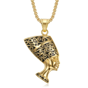 Collier pendentif Reine Néfertiti égyptienne dorée avec détails en émail noir et chaîne