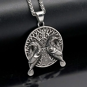 Collier corbeau viking vintage avec pendentif arbre de vie en acier inoxydable