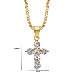 Detail view of 33x22mm gold-plated cross pendant with 3A cubic zirconia insets