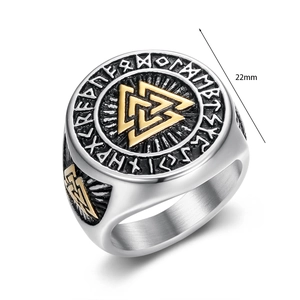 Detailed close-up of a Viking Valknut signet ring with engraved runes and 22mm diameter