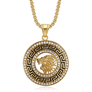 Pendentif lion hip hop en acier doré orné de strass brillants et motifs grecs