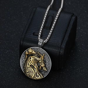 Nordic Viking wolf head pendant necklace with two-tone Celtic knot on stainless box chain