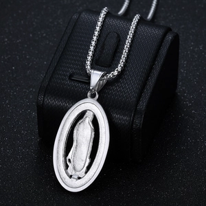 Hip hop titanium steel silver religious oval pendant necklace with high polish finish