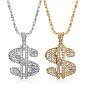 Collier Pendentif Signe Dollar Hip Hop en Acier Titane Strass Bijoux Électroplaqués pour Hommes Femmes Or Couleur Acier