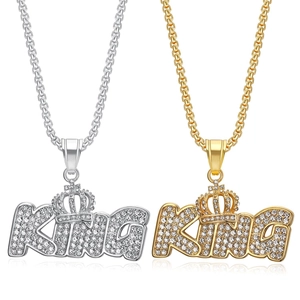 Collier Pendentif Lettre Roi Couronne en Acier Inoxydable Hip Hop Or Argent Strass Incrusté Couronne KING Bijoux pour Hommes Fête