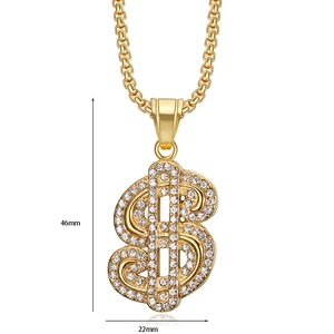 Detalle de colgante de dólar dorado con diamantes de imitación y dimensiones