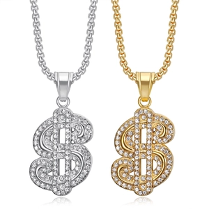 Collar con Colgante de Signo de Dólar de Acero Inoxidable Hip Hop para Hombre Mujer Strass Iced Out Chapado en Oro Plata Joyas