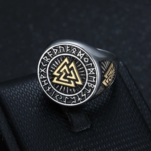 Vintage Viking Valknut ring for men with gold-tone runes on stainless steel band