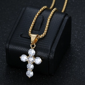 Titanium steel cross necklace with crystal cubic zirconia pendant on box chain