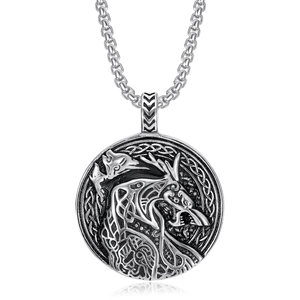 Viking wolf head pendant necklace in silver stainless steel with celtic knot design