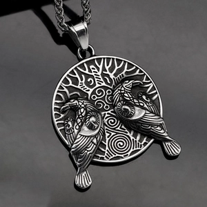Collier Pendentif en Acier Inoxydable Viking Nordique Vintage Corbeau Arbre de Vie Nœud Celtique Rune Médaillon Rond Bijoux pour Unisexe