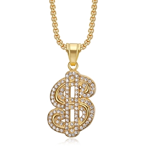 Collar hip-hop de acero inoxidable chapado en oro con colgante de dólar y diamantes
