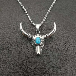 Punk Retro Titanstahl Stierkopf Anhänger Halskette Für Herren Damen Poliert Türkis Eingelegt Tier Biker Schmuck Zubehör