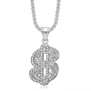 Collar con colgante de signo de dólar plateado con brillantes para estilo hip hop