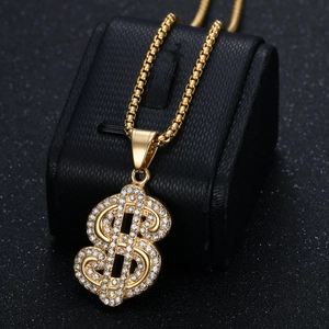 Collar hip-hop dorado con colgante de signo de dólar y diamantes de imitación con cadena box