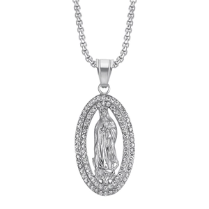 Hip hop silver tone Virgin Mary oval pendant necklace with double row of clear rhinestones