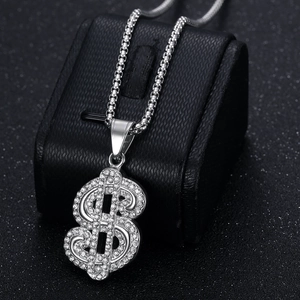 Colgante signo de dólar plateado con brillantes y cadena box para estilo hip hop