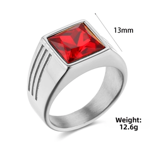 Detail of red gemstone ring in stainless steel with 13mm width and 12.6g weight