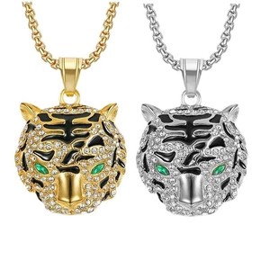 Collier Pendentif Tête de Tigre en Acier Inoxydable Hip Hop Pendentif Animal Strass Émail Bijoux Unisexe