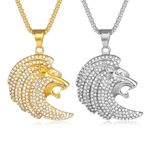 Collier Pendentif Tête de Lion Hip Hop en Acier Titane Plaqué Or avec Strass Incrustés Bijoux Personnalisés pour Hommes Femmes