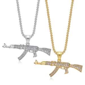 Collier Pendentif Fusil AK47 en Acier Inoxydable Hip Hop pour Hommes Femmes Strass Iced Out Bijoux Plaqué Or Argent Cadeau