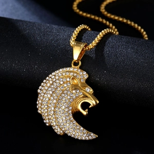 Pendentif tête de lion hip hop en acier inoxydable plaqué or avec cristaux étincelants