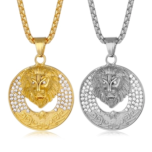 Collier Pendentif Tête de Lion en Acier Inoxydable Hip Hop Strass Plaqué Or Argent 316L Bijoux pour Hommes Femmes