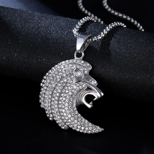 Collier pendentif tête de lion hip hop argenté avec strass brillants et chaîne à billes