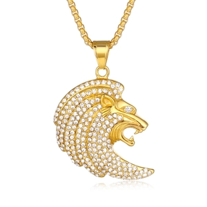Collier pendentif tête de lion luxueux plaqué or serti de cristaux de style hip-hop
